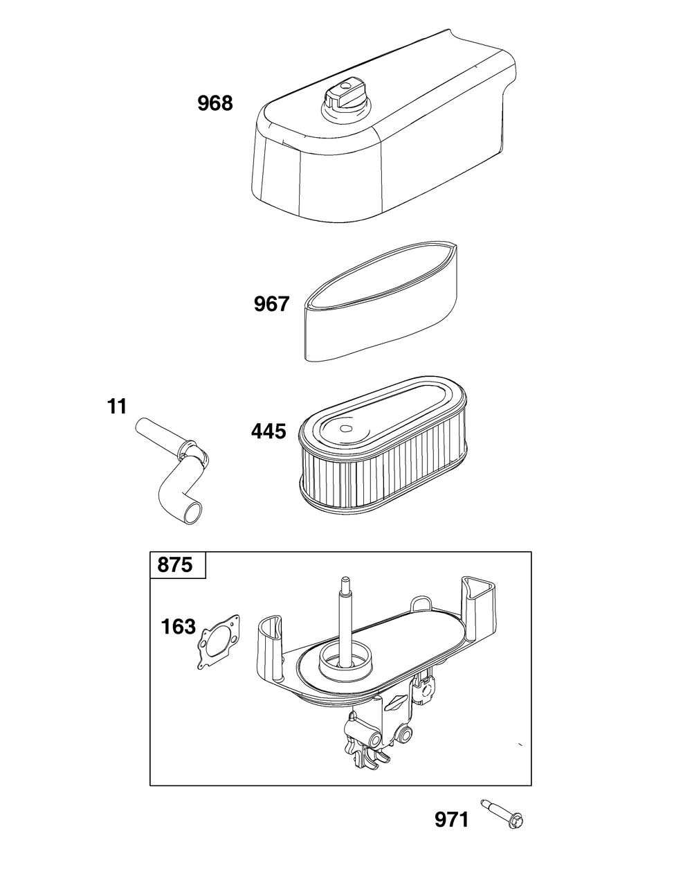 Air Cleaner Group Diagram and Parts List for 121S02-0037-F1 100000 - 19Z999 Briggs and Stratton Engine